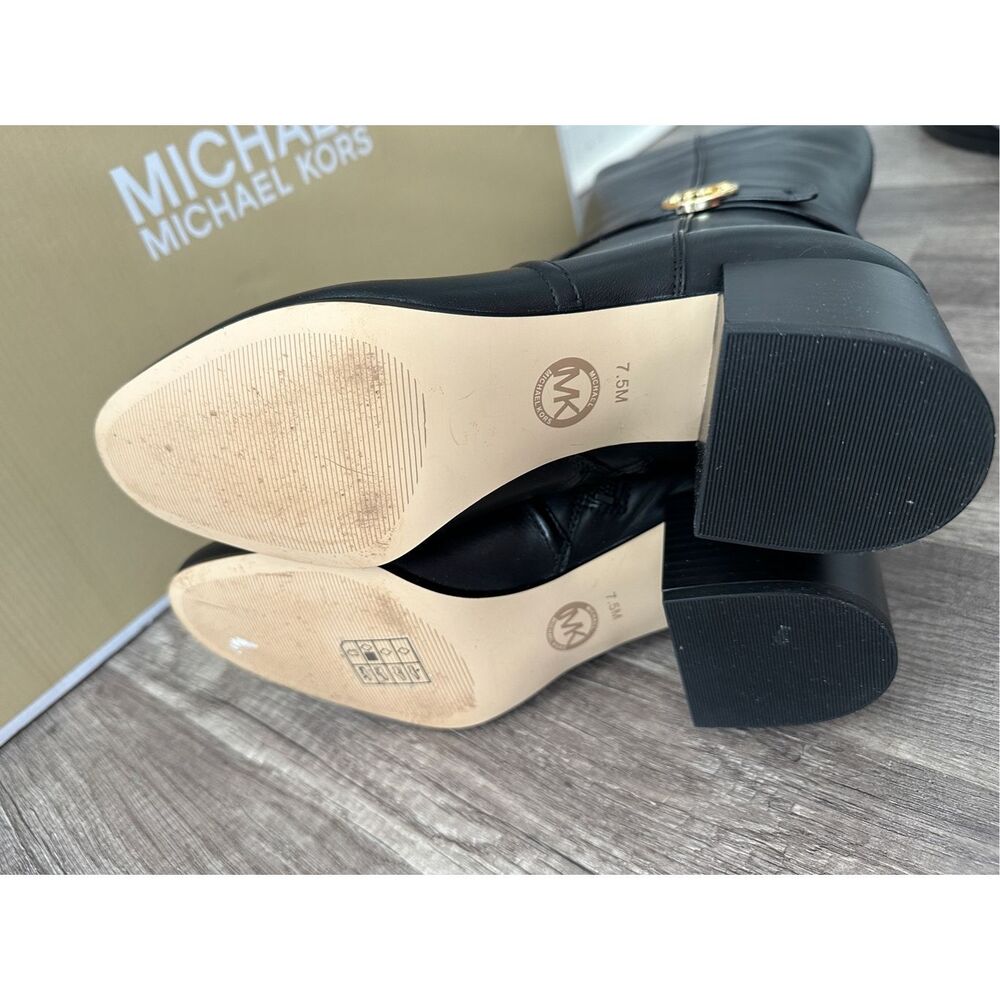 Michael Kors Side Zip Logo Buckle Carmen Leather Tall Riding Boots Black Sz 7.5M - Picture 11 of 12